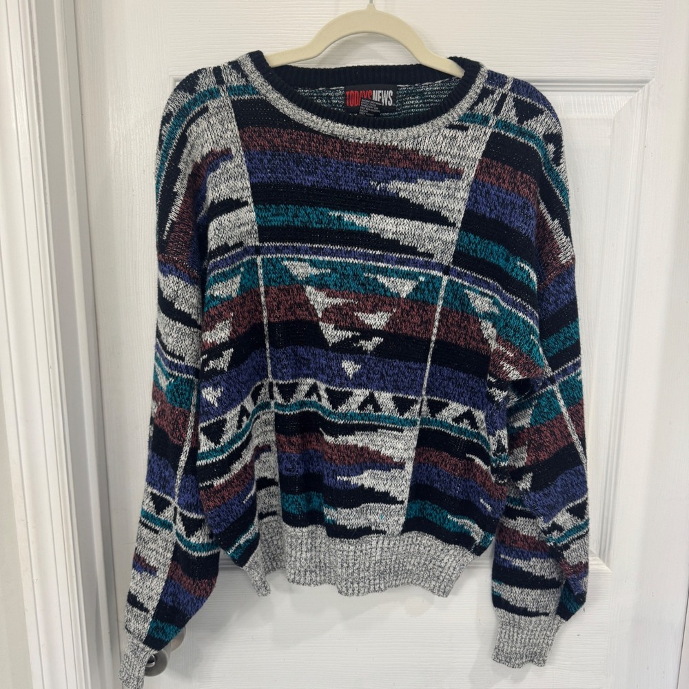 Vintage TODAYS NEWS Geometric Pattern Sweater Women's Size L Multicolored Knit‎